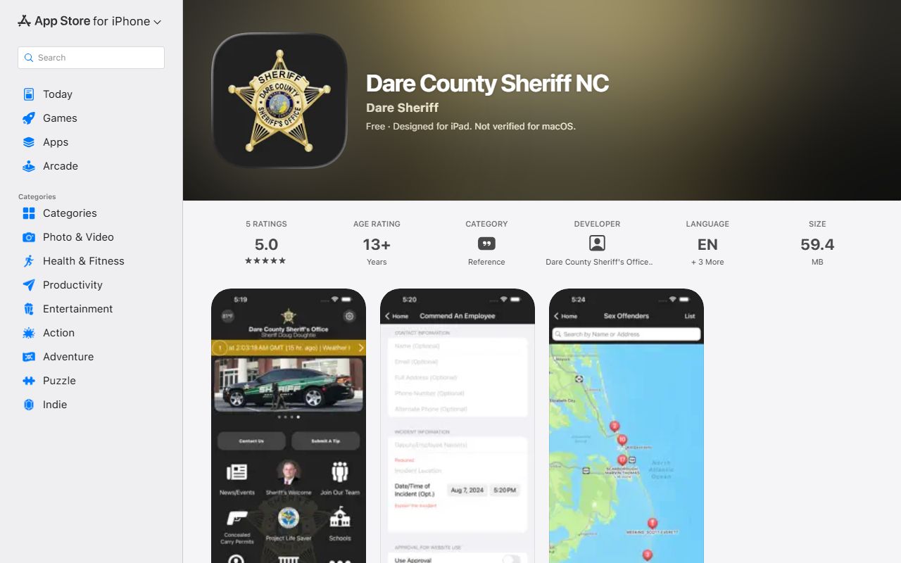 Dare County booking photos sheriff app Apple listing